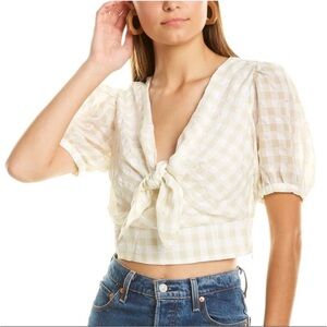 Walter Baker “Raven” Tie-Front Gingham Puff Sleeve Crop Top Size‎ M